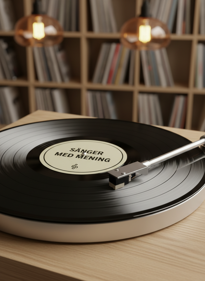 A classic vinyl record with a deep black glossy surface and a simple, elegant label titled with a Norwegian phrase about “sanger med mening” spinning on a minimalist turntable with a pale oak plinth. The tonearm hovers gently over the grooves, captured mid-play. In the background, blurred shelves of color-coded album spines evoke a curated music collection. Soft warm pendant lighting creates a cozy glow, reflecting subtly on the vinyl and wood surfaces. The mood is nostalgic yet contemporary, suggesting curated stories behind each song. Shot from a slightly elevated angle in photographic realism with balanced composition and gentle bokeh.