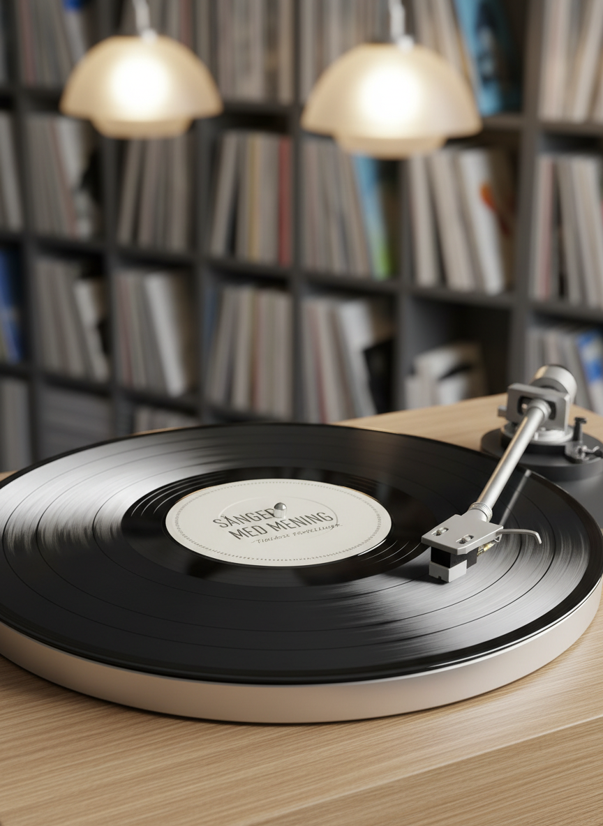 A classic vinyl record with a deep black glossy surface and a simple, elegant label titled with a Norwegian phrase about “sanger med mening” spinning on a minimalist turntable with a pale oak plinth. The tonearm hovers gently over the grooves, captured mid-play. In the background, blurred shelves of color-coded album spines evoke a curated music collection. Soft warm pendant lighting creates a cozy glow, reflecting subtly on the vinyl and wood surfaces. The mood is nostalgic yet contemporary, suggesting curated stories behind each song. Shot from a slightly elevated angle in photographic realism with balanced composition and gentle bokeh.
