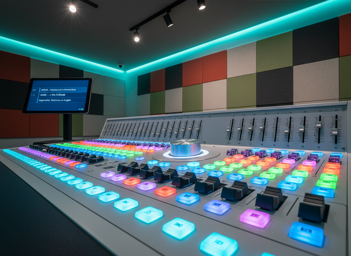 A radio studio control surface with colorful backlit faders, mute buttons, and a large central volume knob, all impeccably clean and sharply designed, dominates the foreground. On a small stand sits a digital screen displaying a playlist of Norwegian songs with meaningful titles, interspersed with short segment notes like “fun fact” and “alvorlig tema.” Behind, on a sound-treated wall, subtle acoustic panels in muted earth tones create a professional backdrop. Cool, focused LED studio lighting emphasizes the console’s textures and details, casting crisp but not harsh shadows. Photographic realism from a low, slightly angled perspective, evoking dynamic yet controlled energy, perfect for a serious yet playful music show about culture for the people.