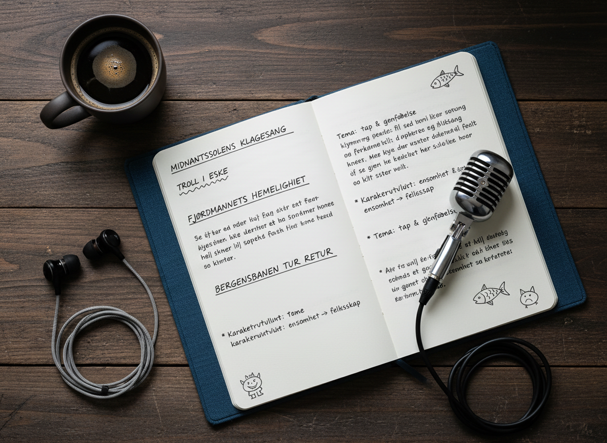 An open, clothbound notebook filled with neatly handwritten Norwegian song titles and short story notes, lying on a dark, textured wooden table. A vintage-style microphone lies diagonally across one page, while a pair of simple in-ear monitors with braided cable rests nearby, partially coiled. A cup of black coffee in a matte charcoal ceramic mug sits at the edge of the frame. Overcast daylight filters in from an unseen window, creating soft, even lighting with gentle shadows that hint at a contemplative creative session. Photographic realism with a top-down, flat-lay composition, clean and professional mood, conveying preparation of thoughtful music storytelling with touches of humor and seriousness in the marginal doodles and underlines.
