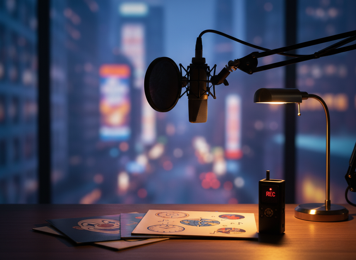 A city-night scene viewed through a large studio window: outside, blurred neon signs and soft streetlights, inside, the clear silhouette of a professional studio microphone on a boom arm facing a pop filter, both in sharp focus. On the desk below, a small stack of album covers featuring expressive, symbolic artwork lies next to a digital recorder with a live red recording light. The lighting mixes cool blue ambient glow from the city with a warm desk lamp illuminating the equipment, creating a balanced, cinematic atmosphere. Photographic realism, rule-of-thirds composition, shallow depth of field, conveying the blend of humor, depth, and timely themes in a modern music storytelling program.