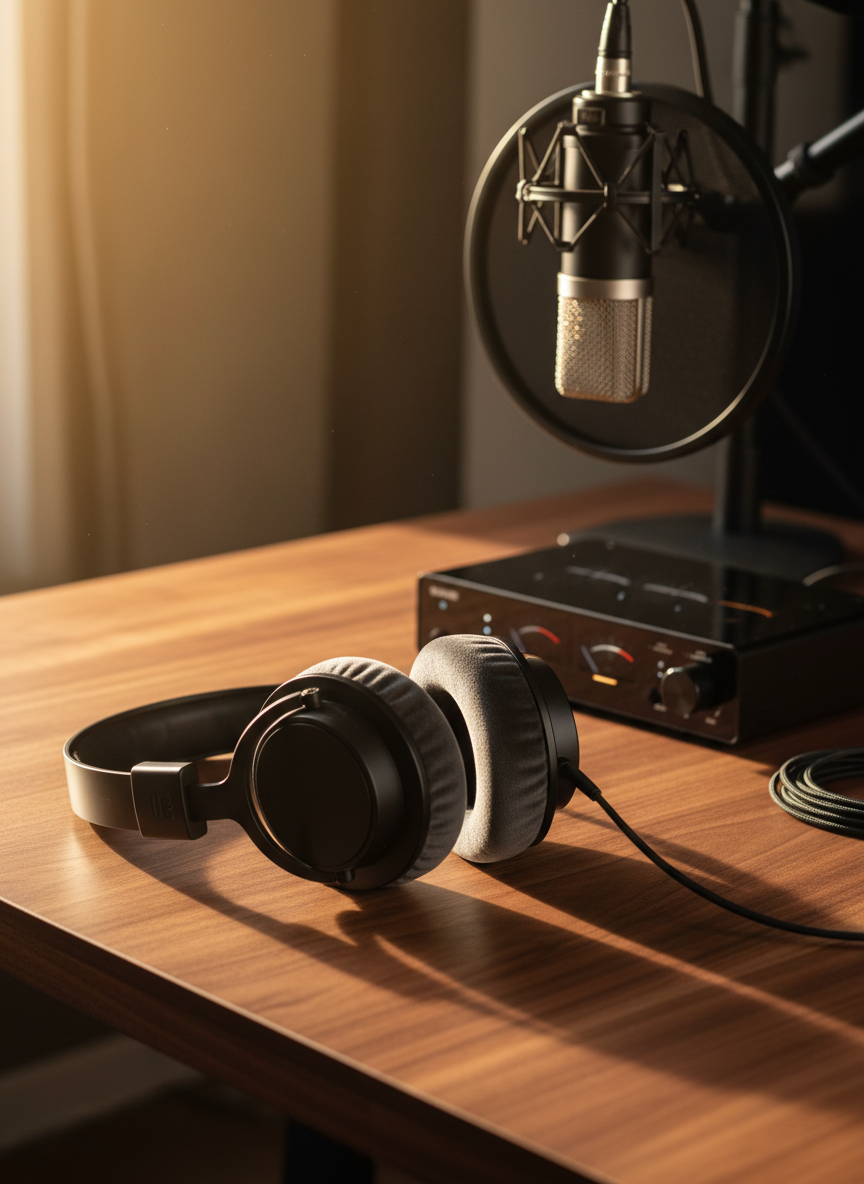 A high-end, closed-back pair of over-ear headphones with brushed matte black metal arms and velvety dark gray ear cushions resting on a warm walnut studio desk. Beside them lies a sleek, minimalist audio interface with softly glowing level meters and a single vintage-style microphone on a shock mount in the background, slightly out of focus. Soft, diffused golden hour light falls from the left, catching subtle reflections on the metal and highlighting the wood grain. The mood is thoughtful and professional, suggesting deep listening to meaningful music. Photographic realism, eye-level composition with a shallow depth of field, clean and modern aesthetic emphasizing focus and contemplation.